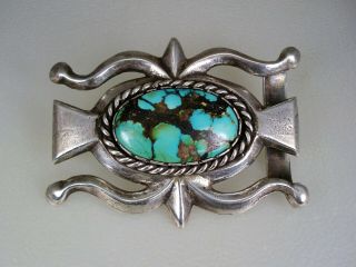 Old Navajo Sandcast Sterling Silver & Webbed Turquoise Ketoh Style Belt Buckle