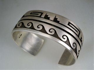 Big Vintage Michael Sockyma Hopi Sterling Silver Water Symbols Bracelet