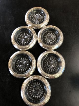 Set Of 6 Sterling Silver And Pressed Glass Coasters 4” Wide
