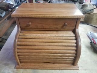 Vintage Oak Wooden " Roll - Top " Bread Box With Drawer