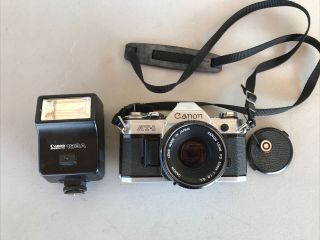 Vintage Canon At - 1 Film Camera W/50mm 1.  8 Lens And Flash