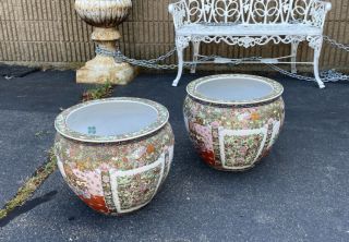 Large Pair Chinese Export Porcelain Fish Bowl Planters With All Over Floral Gard