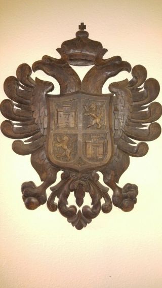 Large Carved Wooden European Coat Of Arms Double Headed Eagle