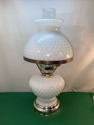 Vtg Lantern Hobnail Milk Glass Shade 3 Way Nightlight Base Electric Boudoir Lamp