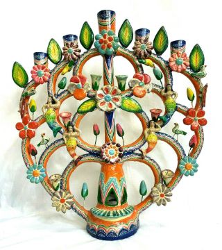 Vintage Large Mexican Folk Art Tree Of Life Candelabra Incense Pottery Candle