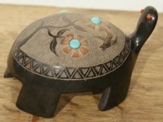 Corn Moquino Santa Clara Carved Sgraffito Black Pottery Turtle Turquoise & Coral