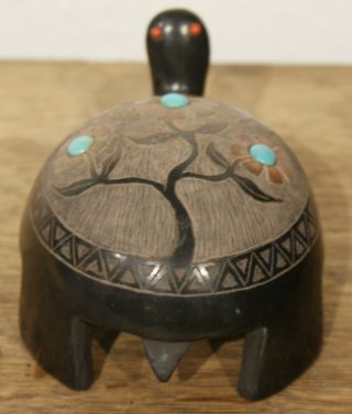 Corn Moquino Santa Clara Carved Sgraffito Black Pottery Turtle Turquoise & Coral 4
