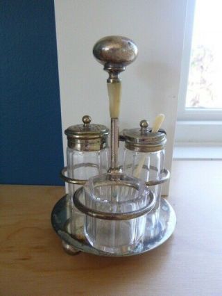 Antique Glass Salt & Pepper Shakers,  Condiment Jar In Silverplate Caddy
