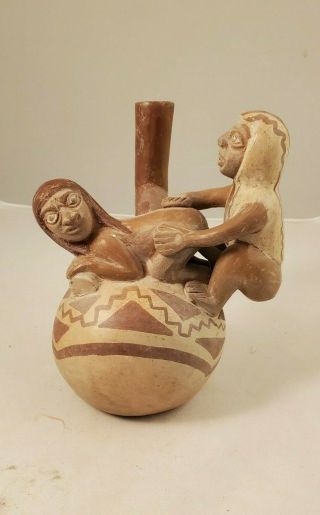Vintage Pre - Columbian Moche Art Stirrup Vessel - Erotic Peruvian Pottery