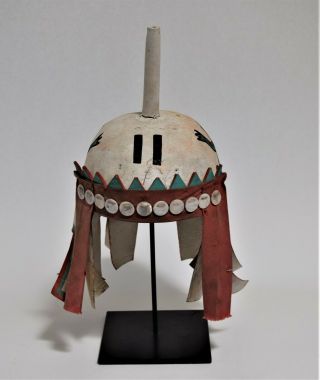 Native American Zuni Leather Headdress Helmet Hat Painted Frogs Shell Buttons