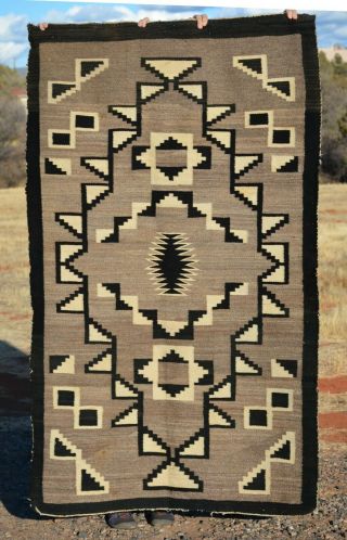 Large Old Navajo Indian Rug - Natural Black White Grey Handspun Wools - 69 x 41 4