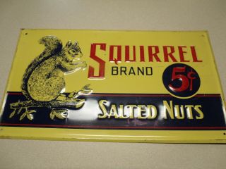 Vintage Tin Metal Embossed Country Store Squirrel Brand Salted Peanuts Nuts Sign