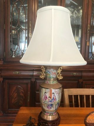 Vintage Finely Detailed Chinese Famille Rose Vase Lamp W/wooden Base,  22 " Tall