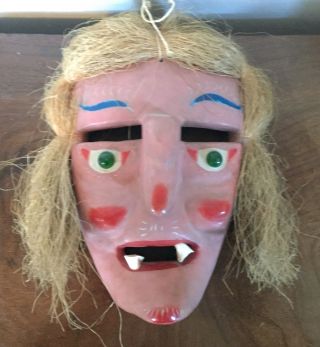 Old Mexican Folk Art Carved Wood Mask Witch Day Of The Dead Real Teeth