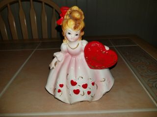 Vintage Lefton To My Valentine Girl Lady Planter Figurine Hearts