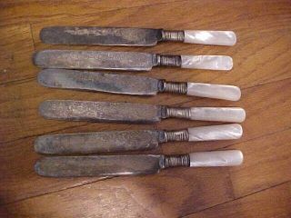 Set Of 6 Knives,  Mother Of Pearl Handles (mop) Silver Band