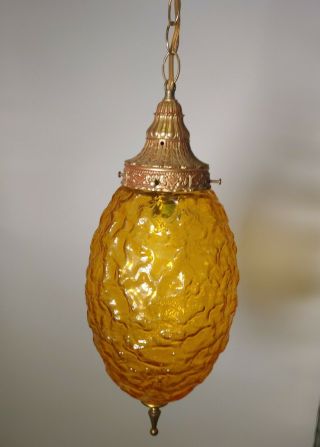 Vintage Mid Century Modern Amber Glass Hanging Lamp Swag Lamp