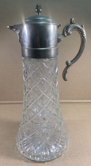 Vintage Silver Plate Crystal Carafe Pitcher Decanter Ice Chiller Insert 14” Tall