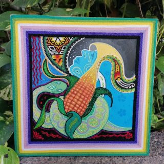 Pp179 Huichol Mexican Folk Art Yarn Beads & Painting By Neikame.