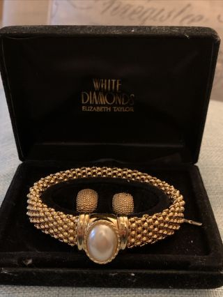 Vintage Elizabeth Taylor White Diamonds Egyptian Mesh Bracelet & Earrings