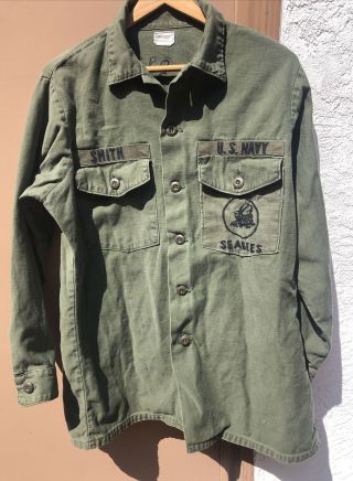 Vintage Vietnam Era Us Navy Military Seabees Utility Green Ls Shirt 16.  5x32