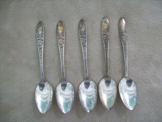 5 National Silver Co A1 Teaspoons,  Rose & Leaf Pattern,  1937,  Silverplate