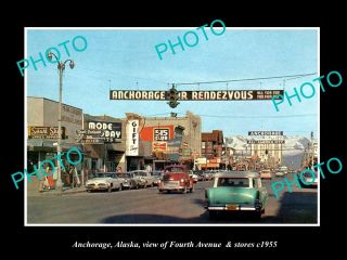 Old Large Historic Photo Of Anchorage Alaska View Of 4th Ave & Stores C1955