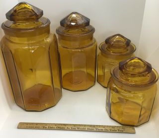 Vintage L E Smith Honey Amber Glass Apothecary Canister Set Of 4 Smooth Heavy
