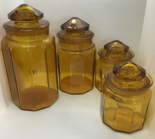 Vintage L E Smith Honey Amber Glass Apothecary Canister Set Of 4 Smooth Heavy 2