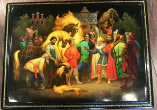Vintage Russian Large Hand Painted Lacquer Box Vibrant Colors Fedoskino