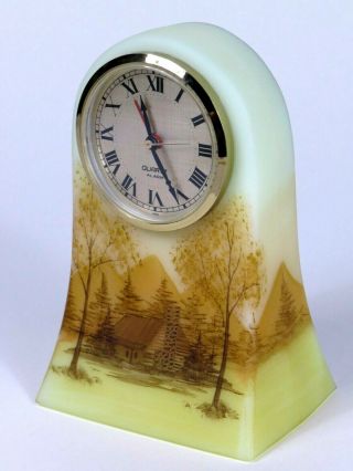 Vtg Fenton Log Cabin Clock Quartz Hand Painted Artist Signed Custard Satin Glass