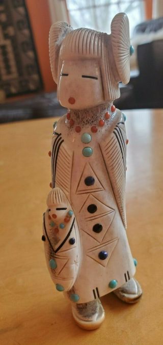 Stunning Zuni Maiden W/papoose - Elk Antler Carving By Troy Sice