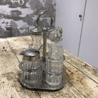 Smart Vintage Silver Metal & Cut Glass Cruet Set In Rack