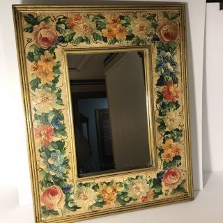 Vintage Hand Painted Mirror Frame Roses With Floral Design 20” X 16”