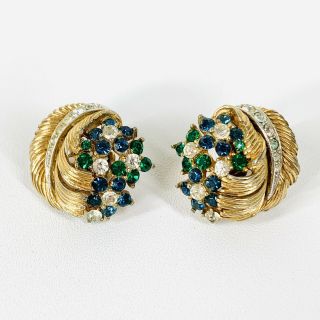 Vintage Signed Boucher Clip Earrings Blue Green Flowers Rhinestones Goldtone