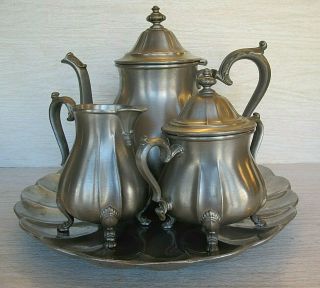 Vintage International Silver Co.  Coffee Tea Set W/ Scalloped Tray,  Sugar &creamer