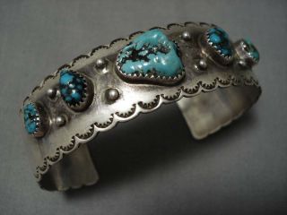 Magnificent Vintage Navajo Scalloped Turquoise Sterling Silver Bracelet Old