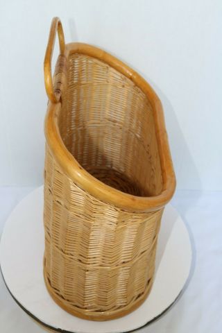 Large Vintage Wicker Rattan Wood Bamboo Flat Back Standing Basket