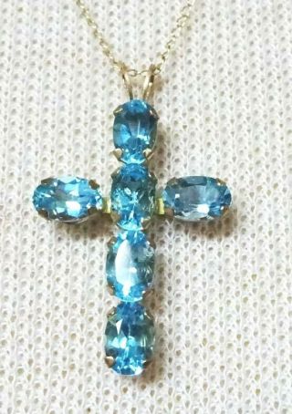 Dainty Vintage 10k Solid Yellow Gold Blue Topaz Christian Cross Pendant Necklace
