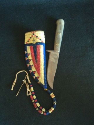 Vintage Trade Knife With Beaded Sheath And Beaded Tail Drop