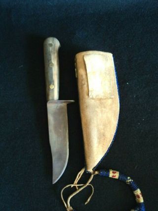 Vintage Trade Knife with Beaded Sheath and Beaded Tail Drop 6
