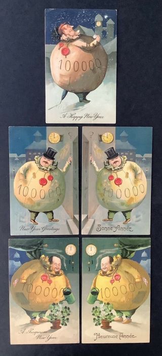Vintage Year Postcards (5) Men Dressed As Sacks Of Coins W/clocks,  Clover