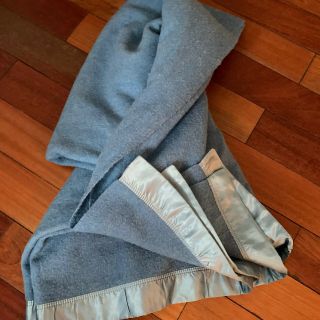 Vintage KENWOOD Wool Products Ramcrest Blue Blanket W/ Satin Binding 72”x 83” 3