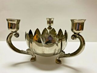 Vintage Leonard Silver Plate Lotus Flower Bowl 3 Candlestick Holder/flower Frog