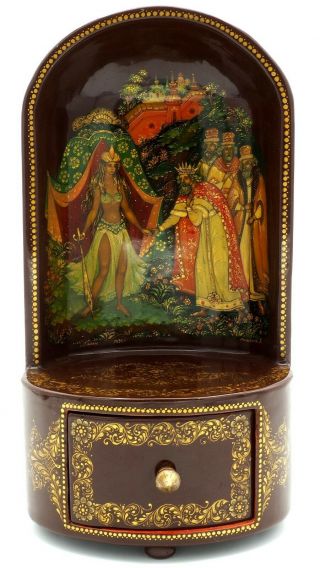 Unique " Tsar Saltan " Russian Hand Painted Palekh Chest Style Lacquer Box.