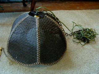 Vintage Woven Wicker Weave Hanging Lamp Dome Shade Swag Mid Century Modern