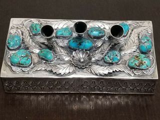 Jerry Roan Navajo Sterling Silver Turquoise Pen Holder Desk Stand 178.  3 Grams