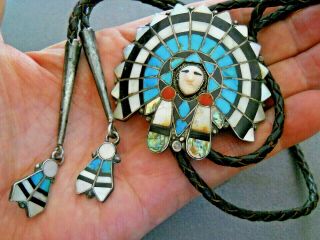 Old Native American Indian Multi - Stone Sterling Silver Indian Chief Bolo Tie
