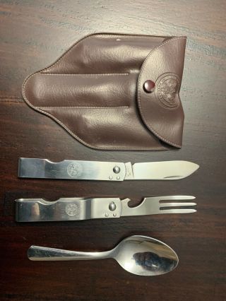 Vintage Boy Scouts Of America Camp Knife Fork & Spoon Utensil Set With Pouch