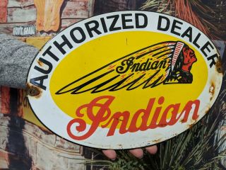 Old Vintage Oval Indian Authorized Dealer Metal Porcelain Enamel Gas & Oil Sign